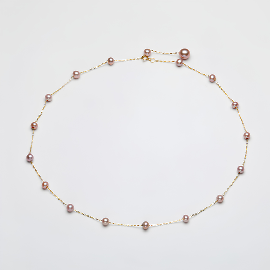 The Hikari Necklace - Infinite Adjustable 9k Gold & Graduated Pink Pearl Station Strand