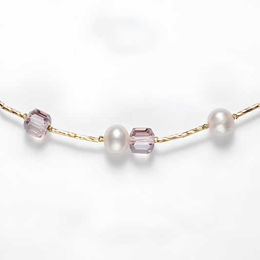 The Yuna Necklace - Lavender-Amethyst Crystal & Textured Gold Rhythmic Pearl Choker