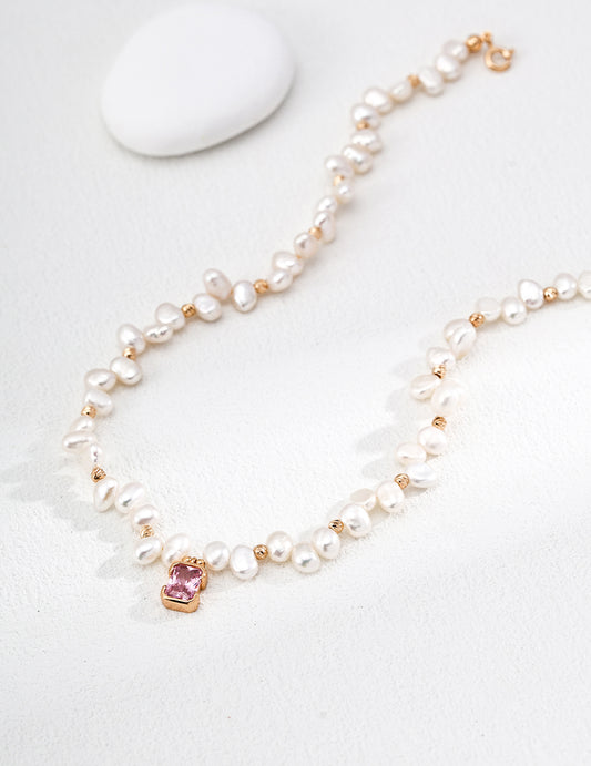 Vintage Gold Pink Zircon Freshwater Pearl Necklace