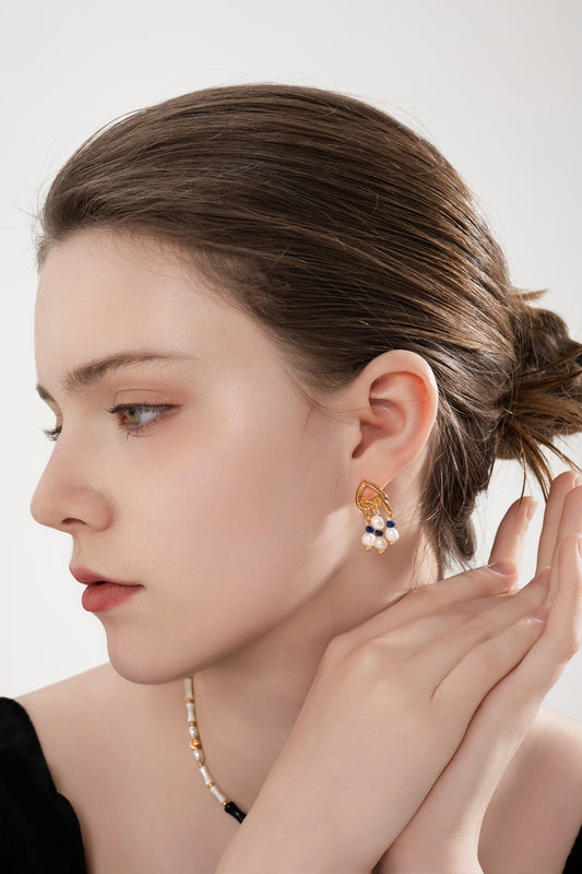 Vintage Gold Lapis & Pearl Drop Earrings