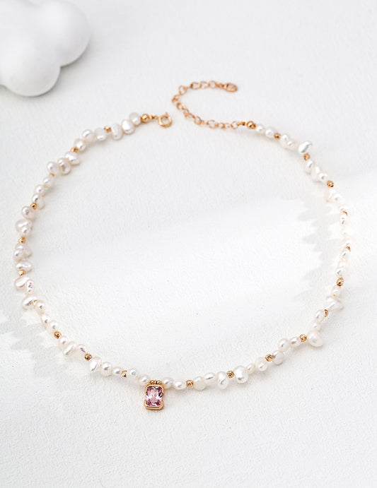 Vintage Gold Pink Zircon Freshwater Pearl Necklace