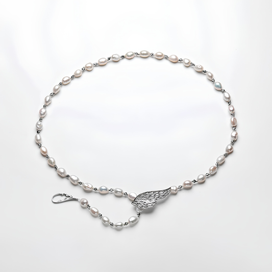 The Aurélie Necklace - 57.5cm Ethereal Angel Wing Pearl Strand with Custom Silhouette Clasp