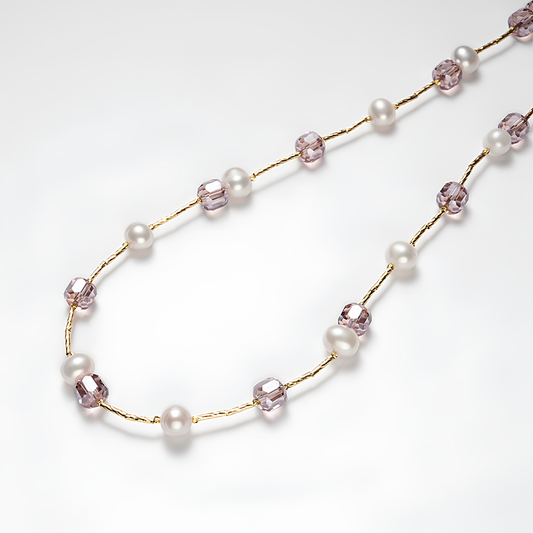 The Yuna Necklace - Lavender-Amethyst Crystal & Textured Gold Rhythmic Pearl Choker