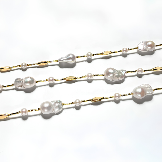 The Delphine Necklace - 77.5cm Avant-Garde Baroque & Round Pearl Geometric Station Chain
