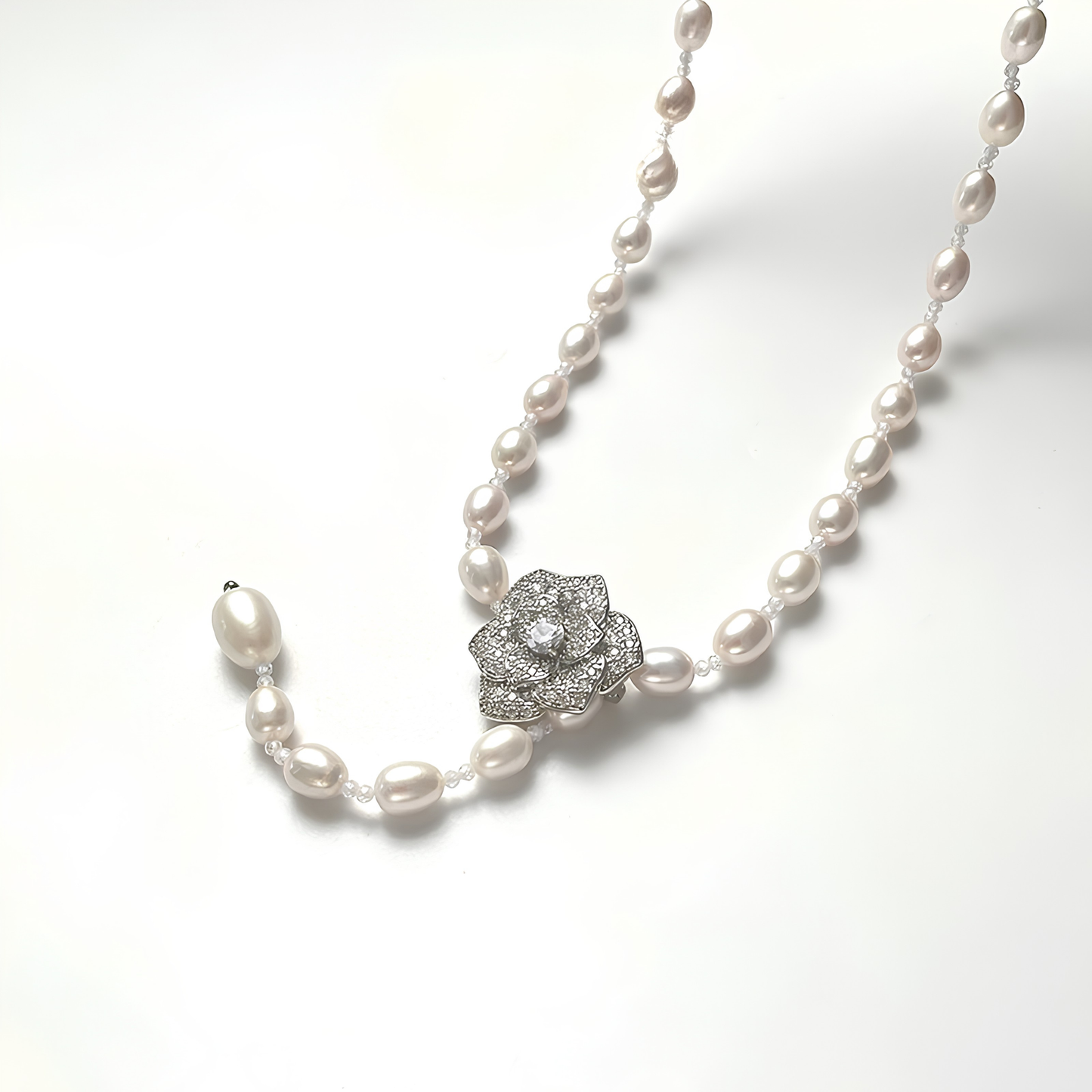 The Anaïs Necklace - 64cm High-Style Adjustable Pearl Lariat with Pave Camellia Motif