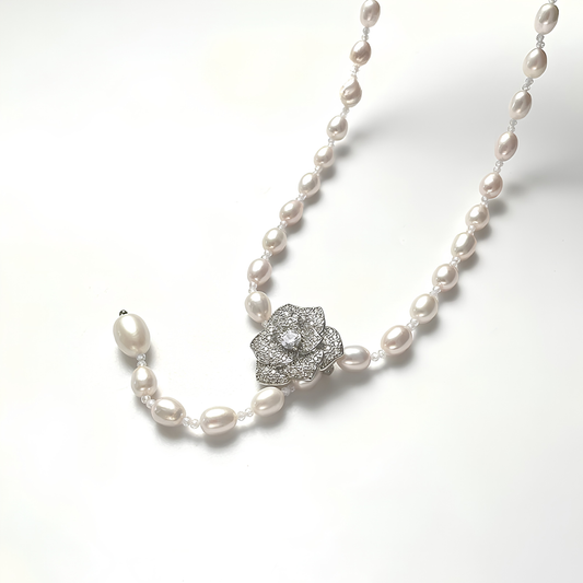 The Anaïs Necklace - 64cm High-Style Adjustable Pearl Lariat with Pave Camellia Motif