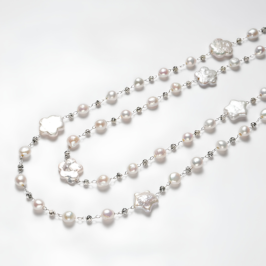 The Sophie Necklace: 90cm Frosty Celestial Star Baroque & Round Pearl Station Rope