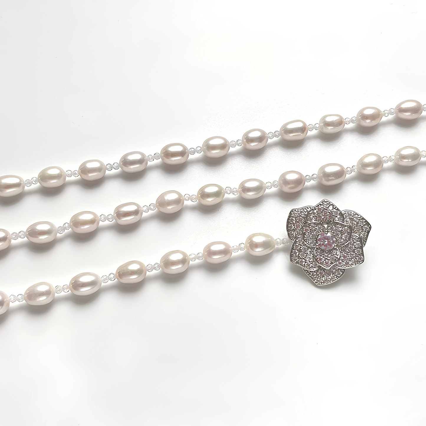 The Anaïs Necklace - 64cm High-Style Adjustable Pearl Lariat with Pave Camellia Motif
