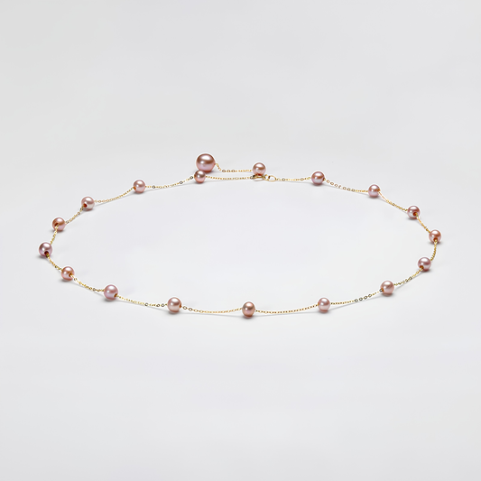 The Hikari Necklace - Infinite Adjustable 9k Gold & Graduated Pink Pearl Station Strand