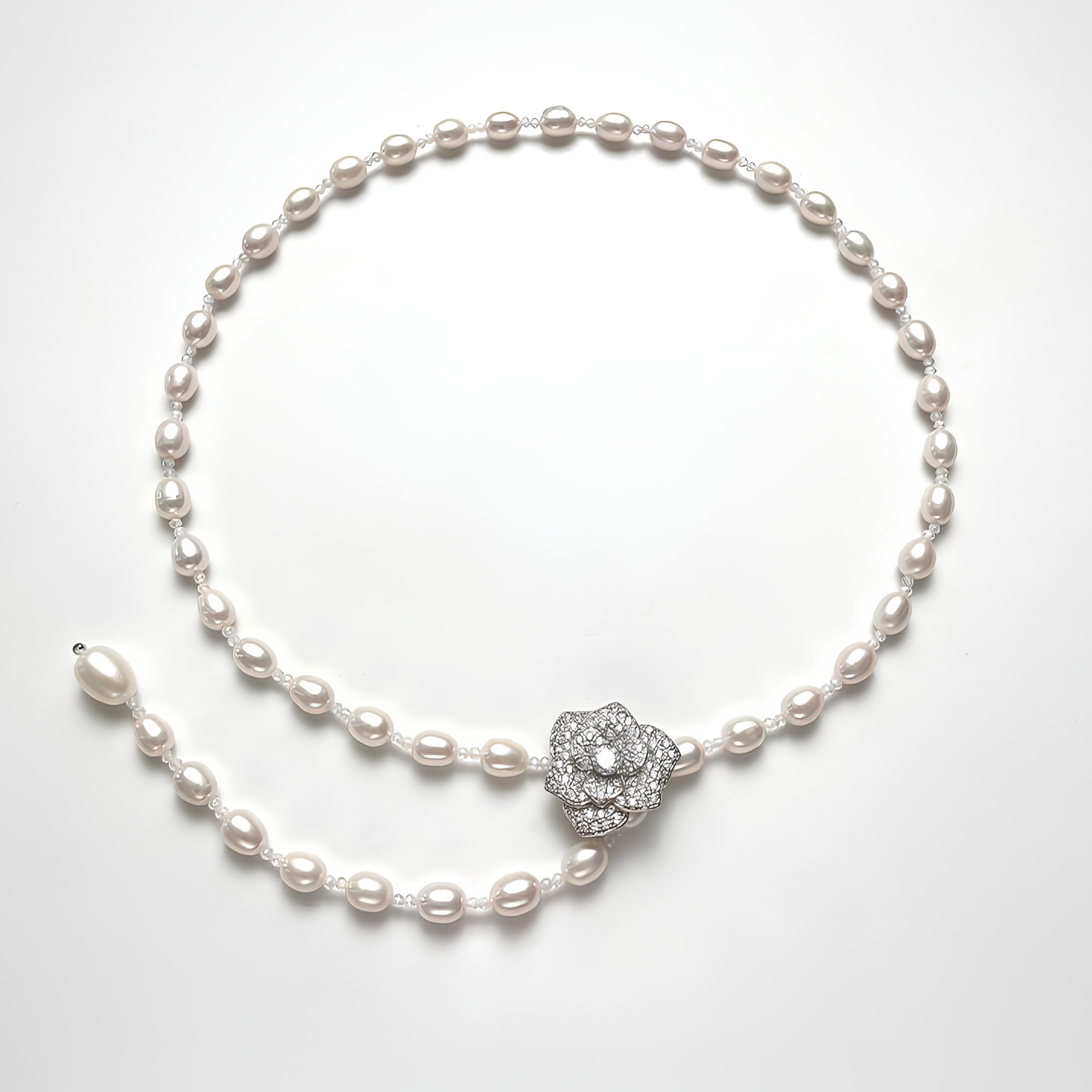 The Anaïs Necklace - 64cm High-Style Adjustable Pearl Lariat with Pave Camellia Motif