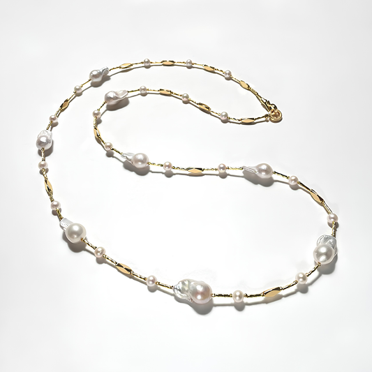 The Delphine Necklace - 77.5cm Avant-Garde Baroque & Round Pearl Geometric Station Chain